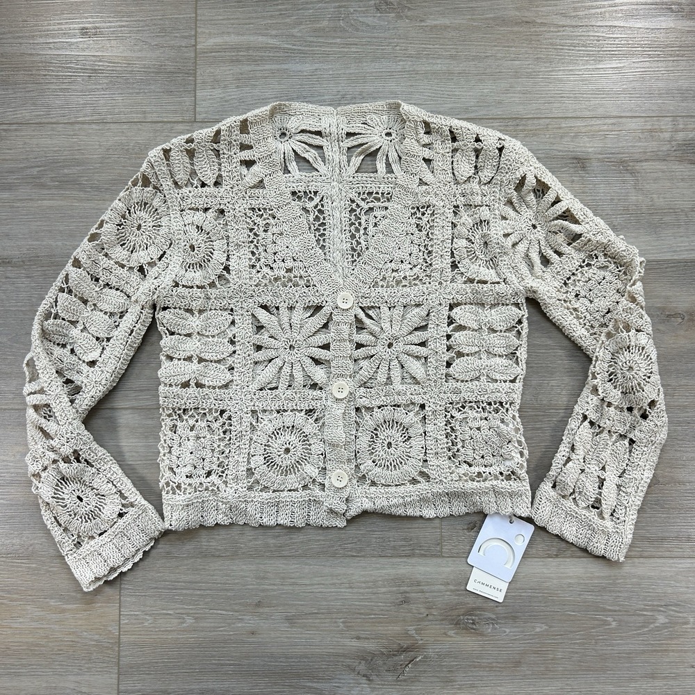 NWT Commense Medium Crochet Square Pattern Button Cardigan